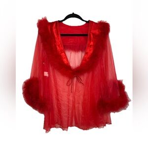 Vintage Jenelle Red Sheer Feather Trim Robe Peignoir Bed Jacket Large USA